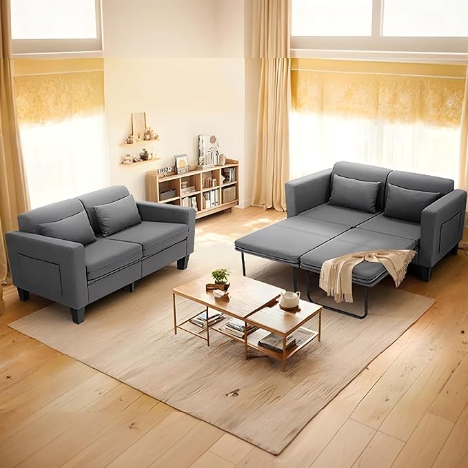 6 in 1 Multifunctional Sofa Bed 58 Convertible Pull Out Couch Loveseat Sleeper w/Removable Backrest Foldable Mat Storage Pockets &amp 2 Pillows Modern Folding Linen Sofas for Small Spaces Gray