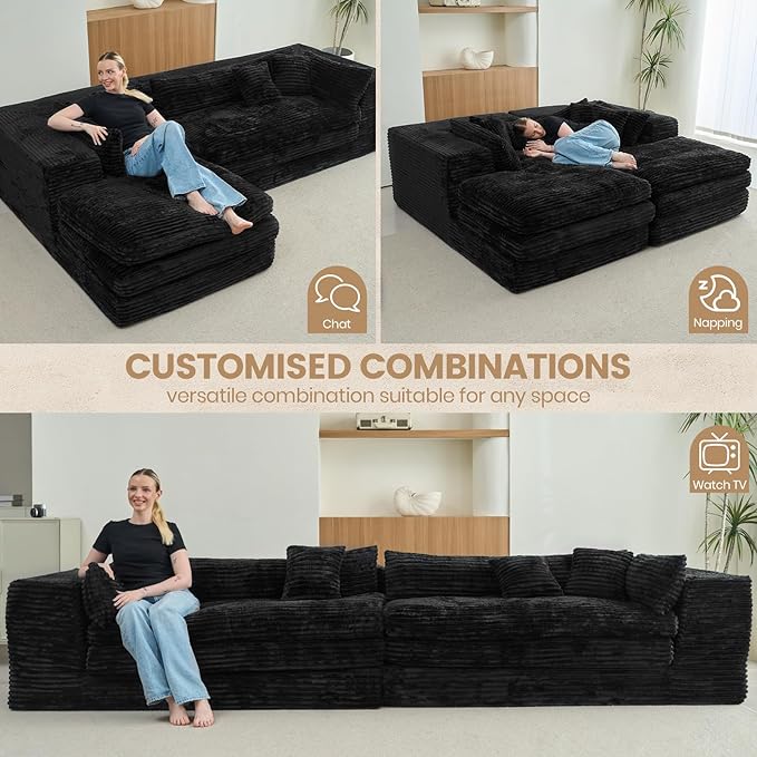 Belffin Plush Corduroy Boneless Cloud Couch with Deep Seat Convertible Sleeper Sofa Bed Cloud Boneless Sectional Couch No Assembly Required. Black Sofa