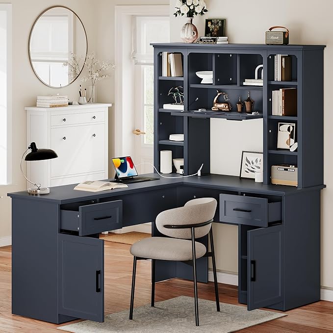 L-Shaped Home Executive Desk with 2 Cabinets and 2 Drawers Computer Desk with Power Outlet 11 Open Shelves and 1 Right Flip Shelf with Storage for Study Living Room and Office (Antique Blue-02)