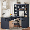 L Shaped Office Desk with Hutch and Drawers Farmhouse Home Office Desk with Cabinets and Open Shelves Corner Gaming Desk for Study Living Room Antique Blue
