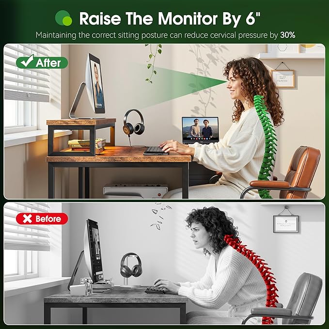 EnHomee L Shaped Desk with 3 Drawers 40 Inch Small Desk with Monitor Stand Gaming Desk with Power Outlet Computer Corner Desk with LED Lights for Gaming Home Office Study Room Rustic Brown