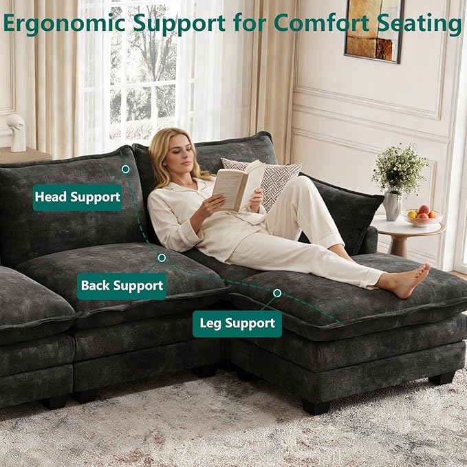 Modular Sectional U Shaped Sofa Couches for Living Room Cloud Couch with Movable Ottoman Comfy Chenille Sofa with Pillow for Bedroom and ApartmentBlack