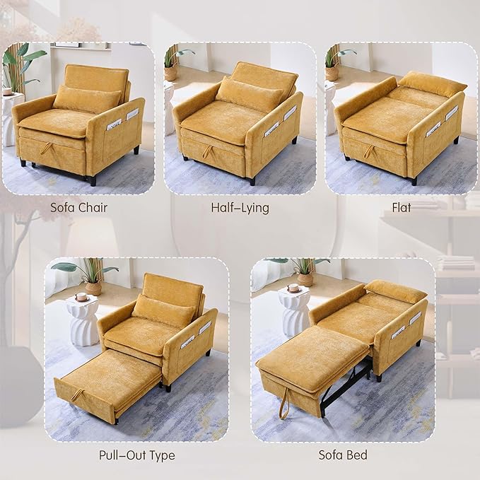 Sleeper Chair Pull Out BedChenille 3 in 1 Convertible Sleeper Couches Single Sofa Chair with Adjustable Backrest for Living Room Bedroom Small Spaces (Mustard Yellow)