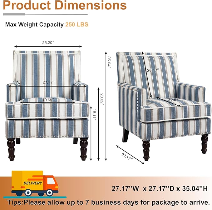Coastal Style Stripe Accent Chair Mid-Century Upholstered Armchair Single Sofa with Nailhead Trim Wood Legs for Living Room Patio Blue Stripes.