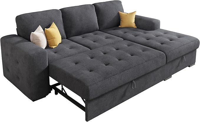 VanAcc 96 Sleeper Sofa Sofa Bed Couch with Storage Chaise Sleeper Couch with Pull Out Bed for Living Room(Grey)