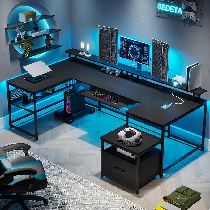 SEDETA U Shaped Desk Reversible L Shaped Home Office Desk with File Drawer &amp Power Outlet 101.5'' Computer Two Person Desk with Monitor Shelf Keyboard Tray Gaming Desk Black