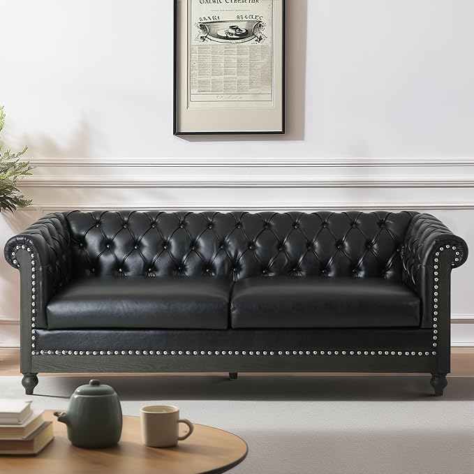 85.5 Upholstered Chesterfield Couch Modern 3 Seater Sofa with Tufted Back and Square Arms Wood Leg Nailhead Sofa for Living Room/Office/Apartment/Small Space Black