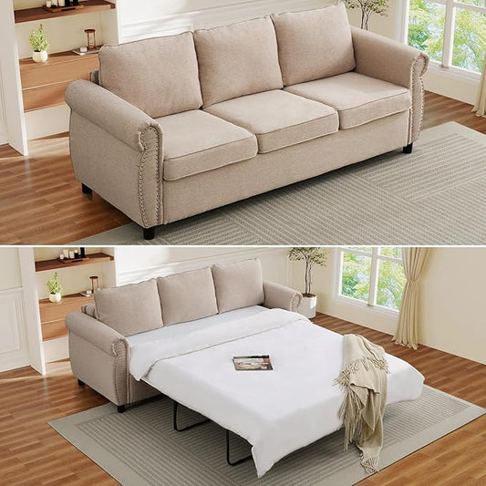 Queen Pull Out Sofa Bed 2-In-1 Pull Out Couch Bed with Memory Foam Mattress &amp Riveted Rolled Armrests 3 Seater Convertible Sleeper Sofa Foldable Couch for Living Room Bedroom Apartment(Beige)