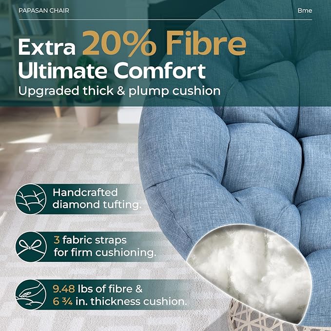 Bme 40 Ergonomic Wicker Papasan Chair with Soft Thick Density Fabric Cushion High Capacity Steel Frame 360 Degree Swivel for Living Bedroom Reading Room Lounge Serene Oasis - White Base