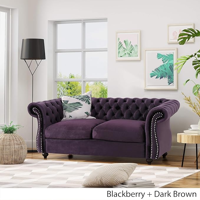 Christopher Knight Home Karen Traditional Chesterfield Loveseat Sofa BlackBerry and Dark Brown 61.75 x 33.75 x 27.75