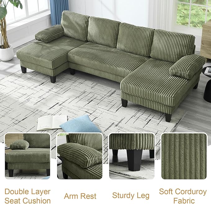 114.2” W Corduroy Sectional Sofa for Living Room U-Shaped Couch with Double Chaises and Comfortable Backrest Modern 4-Seater Deep Cloud Sofa for Small Spaces(Green)