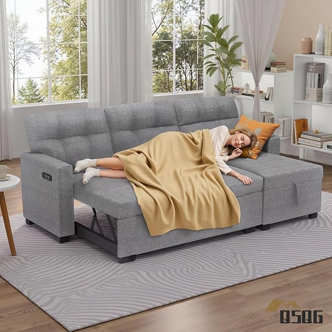 Reversible Sectional Sofa Couch Sleeper Sofa Bed with Storage Chaise Pull Out Couch for Living Room | Hidden Stroge | Pull Out Bed | Removable Backrest | Linen Fabric DeepGrey (LightGrey)