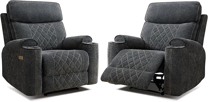 Electric Recliner Chair Set of 2 Soft Fabric Power Recliners with Metal Cup Holders Single Overstuffed Heavy Duty Reclining Sofa Chairs for Living Room Bedroom Dark Grey