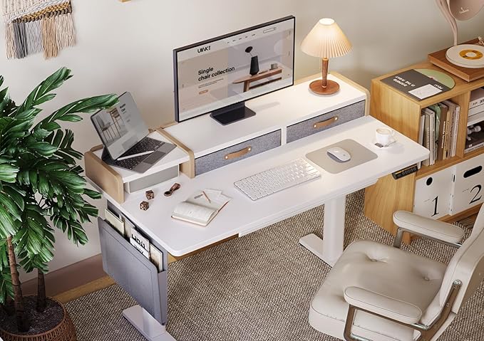 Claiks Standing Desk with Drawers &amp Power Outlet 48 Height Adjustable Computer Desk with USB C Port Sit Stand Home Office Desk with Monitor Stand Storage Shelves &amp Side Bag White