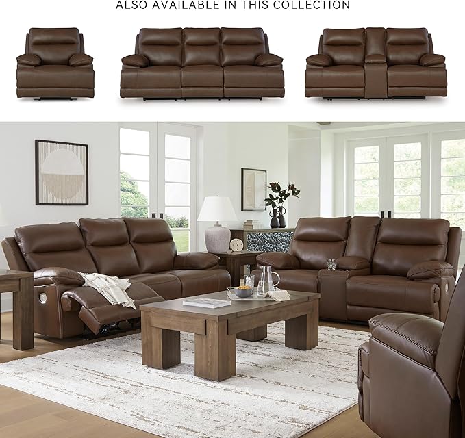 Signature Design by Ashley VonRyan Modern Leather Upholstered Power Recliner with Adjustable Headrest and USB Port Dark Brown