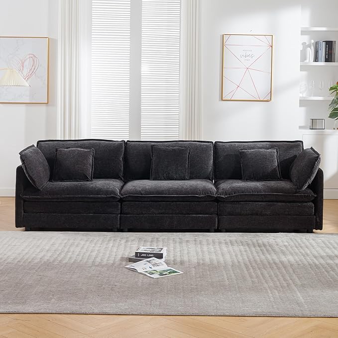 111.5 Oversized Deep Seat Sectional Sofa Black Modern Chenille Cloud Couch Large 3 Seater Modular Sofa with 5 Pillows for Living Room Bedroom Apartment Office