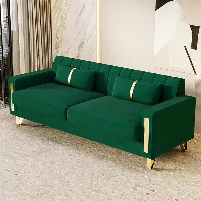 85.63 Modern Green Velvet Sofa with Gold Metal Legs Large Upholstered Comfy 3 Seater Couches for Living Room Bedroom Office (Green)