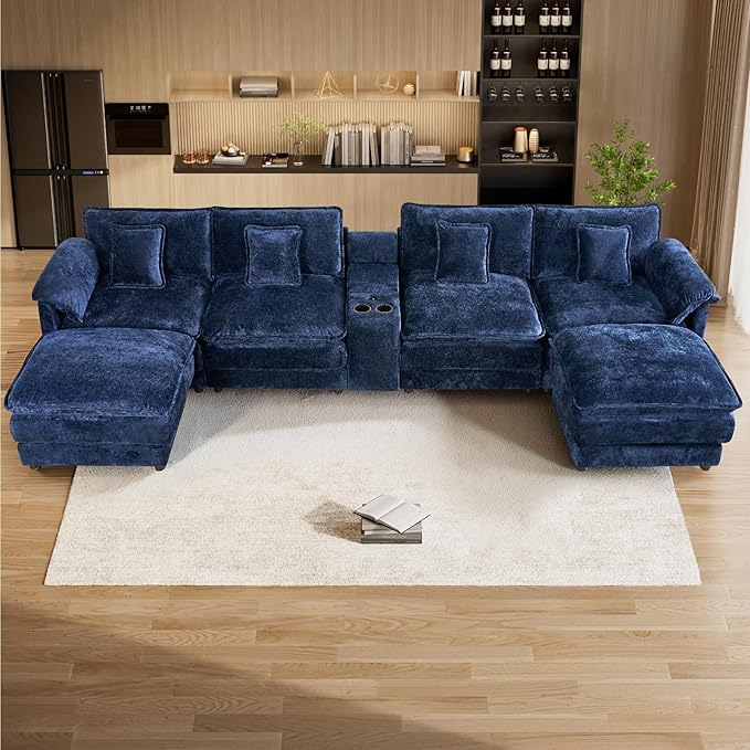 152 Oversized Modular Sectional Sofa U Shaped Cloud Couch Modern 6 Seat Sofa Set for Living Room Comfy Chenille Couch with Storage Central Console Movable Ottomans Cup Holders USB Ports Blue