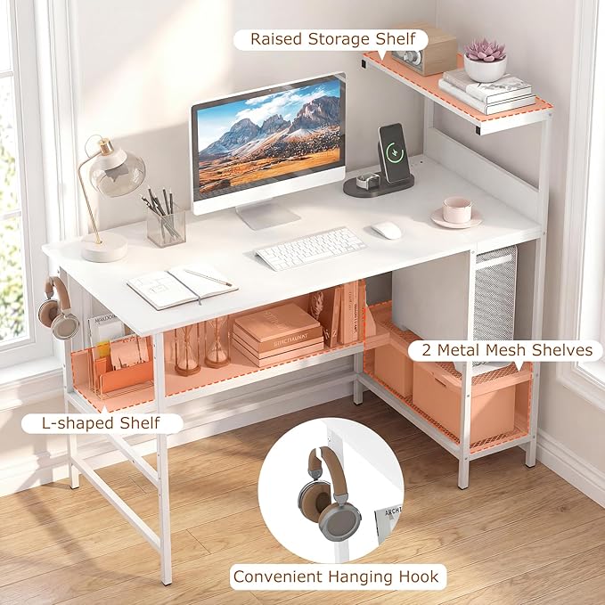 Giantex 48 Computer Desk with Charging Station Reversible Writing Desk with Storage Shelves &amp Headphone Hook Small Gaming Desk Industrial Computer Workstation for Home Office (White)