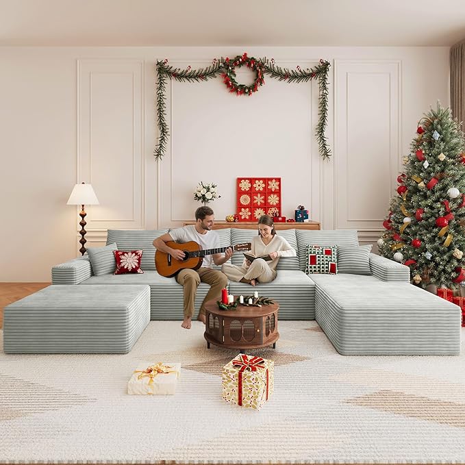 136 U Shaped Cloud Sectional Couch with Fluffy Corduroy Deep Memory Foam Seats Sofa with 1 Ottoman for Living Room No Assembly Required(GreyRight-Facing Chaise)