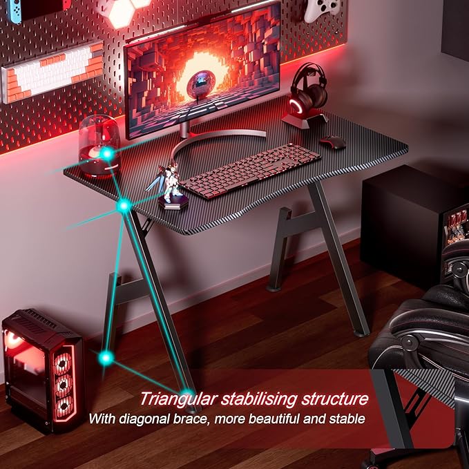 HLDIRECT 32 Inch A-Shaped Gaming Desk with Carbon Fibre Surface - Ergonomic PC Workstation for Home Office &amp Simple Gaming