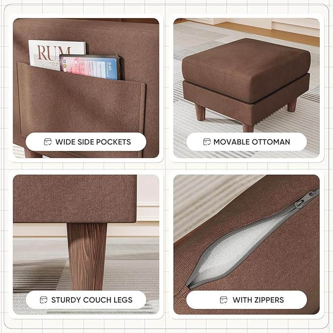 Homall Convertible Sectional Sofa 3 Seat L Shaped Couch with Side Storage Pocket Sofas with Movable Ottoman Small Linen Couches for Living Room &amp Apartment (Linen Fabric Brown)