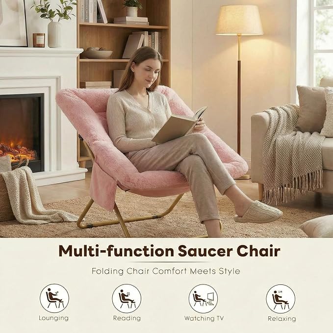 Folding Saucer Chair Comfy Reading Chair with Soft Thick Padded Seat Plush Faux Fur Lounge Chair for Small Space Bedroom Dorm Living Room X-Large Lazy Chair for Adults Teens Kids