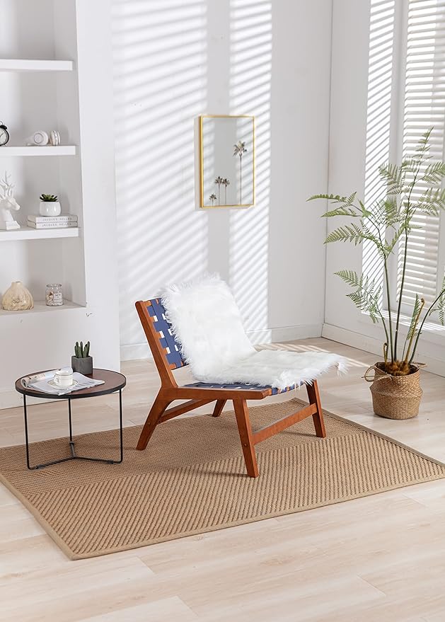 Solid Wood Frame Chair with White Faux Wool. Modern Accent Chair Lounge Chair for Living Room