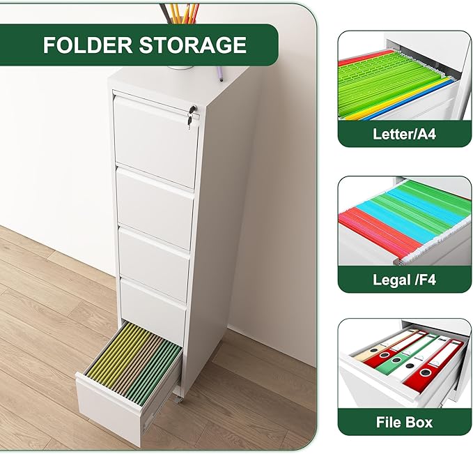 5 Drawer Small File Cabinet with Lock on Wheels Heavy Duty Metal Storage Cabinet Organizer Under Desk Locking Drawers for Home OfficeWhite
