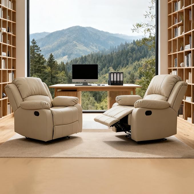 Manual Recliner Chair Lazy Boy Leather Recliner Perfect for Lounging in the Living Room Home Theater and Bedroom an Excellent Gift for Home Beige