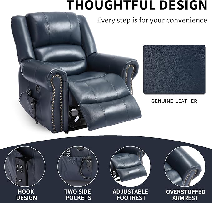 Genuine Leather Power Lift Recliner Chair Lazy Boy Recliner Chair with Charging Ports for Living Room Theater Seating Electric Single Sofa with Round Armrest Blue