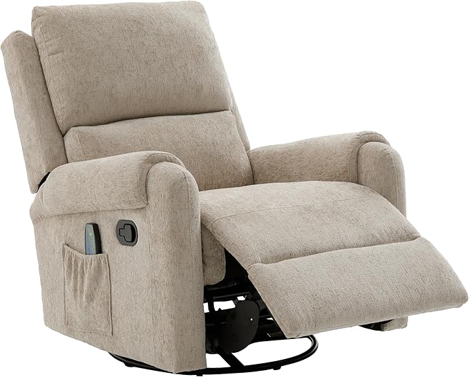 Christopher Knight Home Harper Massage Recliner Chair with 8 Modes Chenille Upholstered Recliner Sofa Swivel Massage Chair with a Side Storage Pocket for Living Room/BedroomHead SupportLight Brown