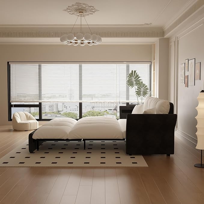 74.8 Queen Size Futon Sofa Bed Love Seat Sleeper Bed Small Space Sleeper Sofa Couch with Pullout Bed 3 in 1 Velvet Futons Convertible Sofa Bed for Living Room Apartment Beige