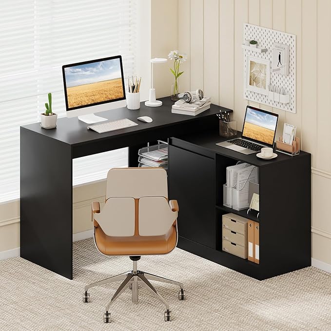 Tangkula L-Shaped Computer Desk 48 Reversible Corner Writing Desk with 2-Way Cabinet &amp 4 Storage Compartments Modern Executive Desk Laptop Workstation for Home Office (Black)