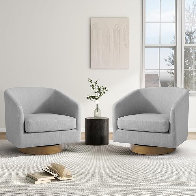 Swivel Barrel Chair Modern Round PU Leather Accent Armchair for Living Room Bedroom Oversized Comfy Club Reading Chairs for Adults (Fabric Light Grey Set of 2)