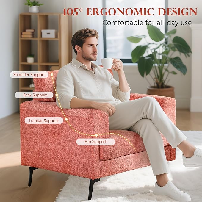 CDCASA Accent Chair Linen Fabric Oversized Mid Century Modern Chair Set of 2 Comfy Upholstered Armchair Reading Accent Chairs Sofa Chairs for Bedroom Living Room Coral Pink