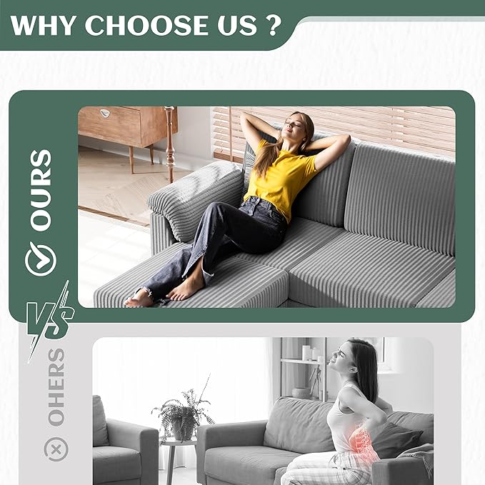 Vongrasig Convertible Sectional Couches Sofa 3 Seat L Shaped Sofa with Removable Pillows Soft Corduroy Fabric Small Couch Mid Century for Living Room Bed Room Apartment and Office (Light Grey)