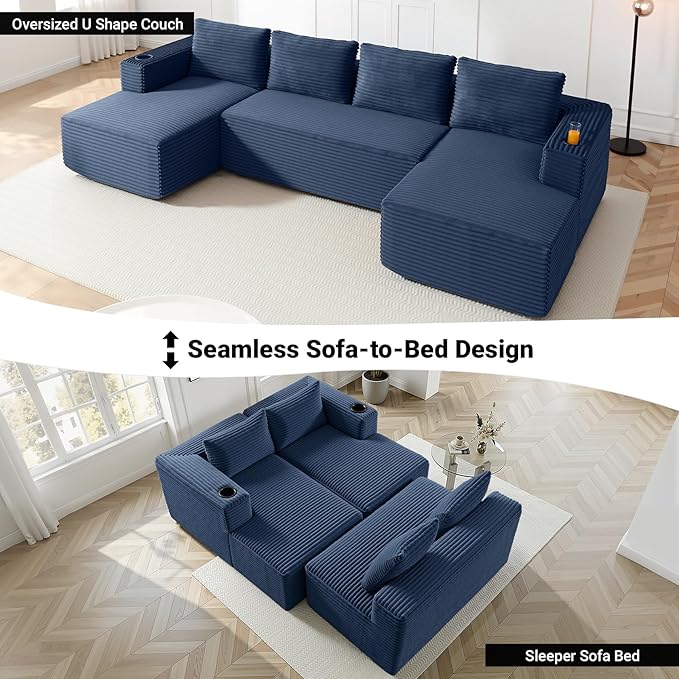 132 Cloud Couch Sectional Modular Sofa with Cup Holder and Deep Seat Corduroy U Shaped Boneless Sofas Couch in a Box No Assembly Required Blue Couches for Living Room
