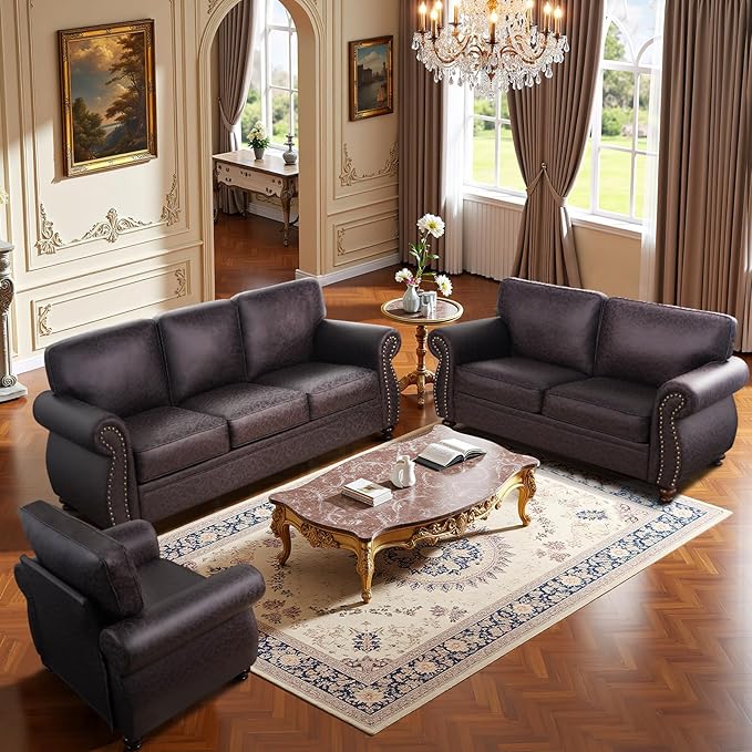 Mid-Century Vintage Sofa Couches with Rivet Design3-Seater SofaRemovable Sofa Cover Upholstered Cushions and Solid Wood Frame (Brown 3-Seater)