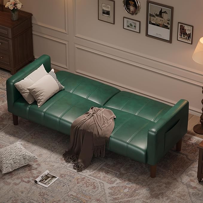 GarveeHome Futon Sofa Bed 75-Inch Modern Faux Leather Convertible Couch Mid-Century Loveseat for Small Space Living Room Bedroom Green