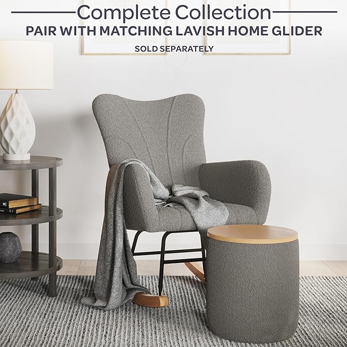 Rocking Chair - Teddy Fabric Upholstered Chair with Padded Seat and Contoured Armrests - Ergonomic Modern Rocker for Bedroom by Lavish Home (Gray)