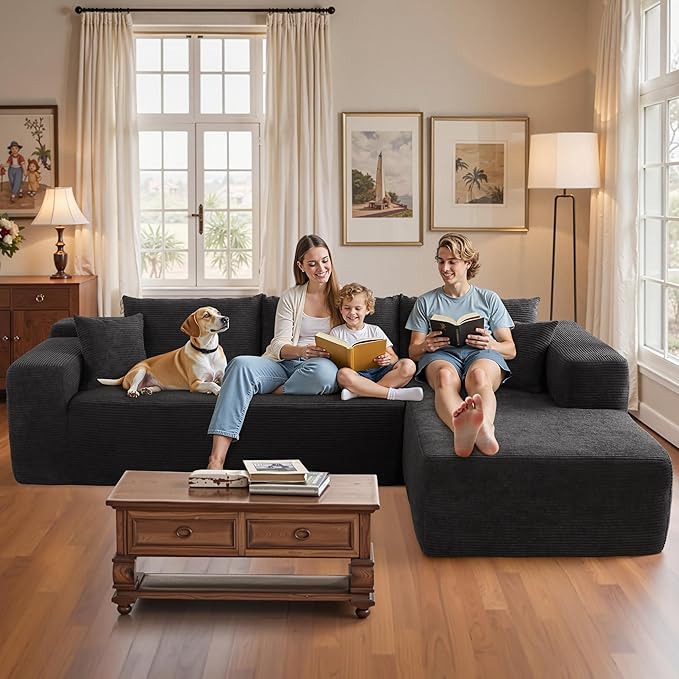 106 Cloud Sectional Couch with Chaise LoungeL Shaped Modular Modern SofaComfy Corduroy Fluffy Sofa with Deep SeatNo Assembly Required Couch for Living Room(RightStripe CorduroyBlack)