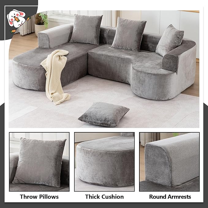 100“ Curved Sectional Couches for Living Room L Shaped Sectional Couch with Deep Seat &amp 3 Pillows Compression Sofa in a Box &amp Cream Couch with Wide Armrest No Assembly Required (Grey)