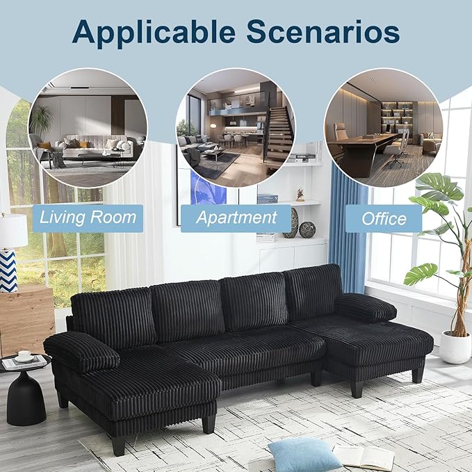 114 Cloud Couch Modular Sectional Sofa Convertible U-Shaped Couches with Double Chaise Lounge Corduroy Upholstery Sofas Double Cushions Deep Seat Sleeper Couchs for Living Room Black