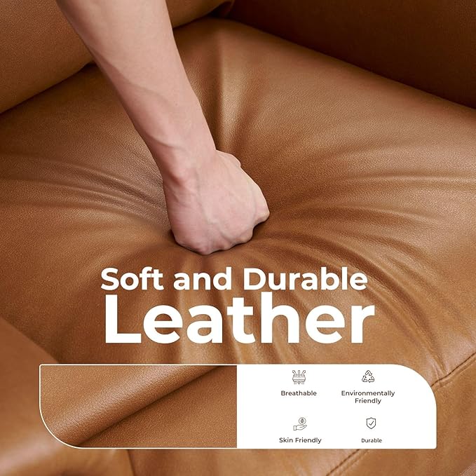 Pushback Recliner Chair with Massage and Heat Breathable Leather Recliner Chair with Overstuffed Backrest and Rivet Decoration Single Sofa Accent Chair for Living Room Camel