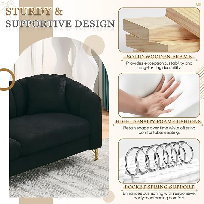 Black Cloud Couch for Living Room 63.5 Modern Comfy Overstuffed Deep Seat Tufted Sofa with Gold Legs &amp Pillows Plush Teddy Boucle Upholstered Curved Loveseat Settee with Round Arm (Black 2 Sea