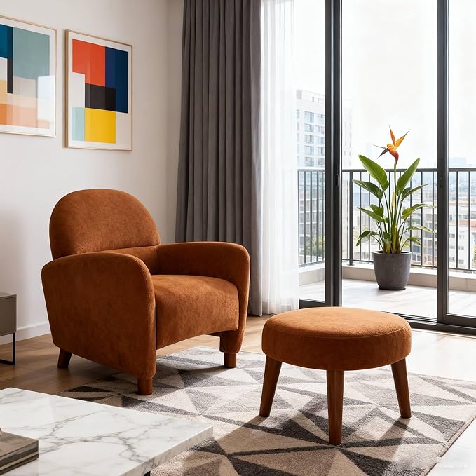 Lazy Chair with Ottoman Modern Boucle Accent Lounge Chair with Footrest Upholstered Leisure Sofa Reading Armchair with Wood Legs for Living Room Bedroom Dorm Garden-Orange