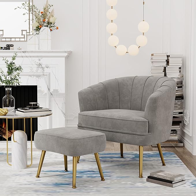 Andeworld Velvet Accent Chair with Ottoman Upholstered Modern Single Sofa Side ChairComfy Barrel Club Living Room Armchair with Golden Metal Legs for Bedroom Living Reading Room Office Grey