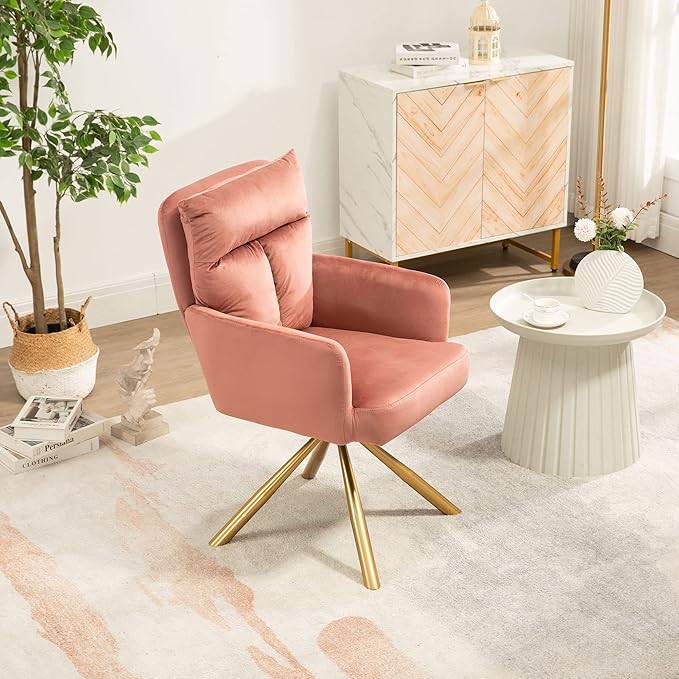 NORDICANA 180° Swivel Velvet Living Room Chair Modern Dining Armchair with Golden Legs Ergonomic Upholstered Accent Chair Single Sofa for Bedroom Reading Home Office Rose Pink