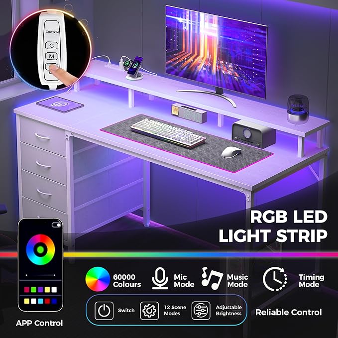 DUMOS 47 Inch Computer Desk with 4 Drawers4 Drawer Gaming Desk with with Power Outlets and LED LightsOffice Desk for Small Spaces with Monitor ShelfWriting Desk for Home OfficeBedroom StudyWhite